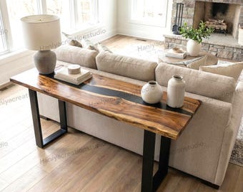 Rustic Wood & Black Epoxy Sofa Back Table | Custom Made Narrow Entryway Hallway Console Table