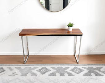 カスタム天然木ブラック樹脂コンソールテーブル | 狭い玄関ホールのソファテーブル裏