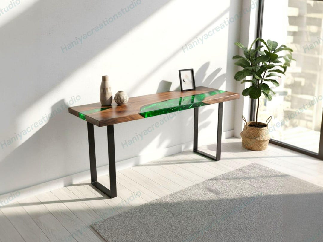 Luxury Modern Console Table – Metallic Green Epoxy Resin With Wooden ...