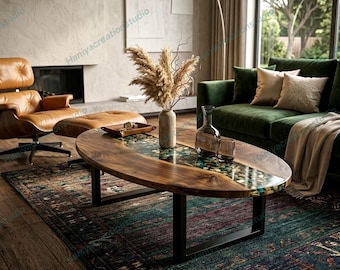 Walnut Wood River Rock Epoxy Coffee Table | Oval Handmade Resin Table | Custom Luxury Center Table