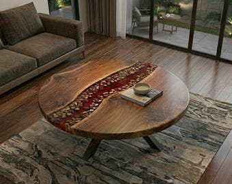 Mesa de centro personalizada de madera de nogal y resina roja, mesa de cóctel de guijarros naturales, mesa de centro redonda.