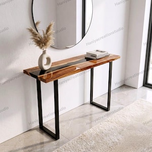 Natural Wood and Resin Narrow Console Table – Live Edge Entryway Hallway Sofa Table