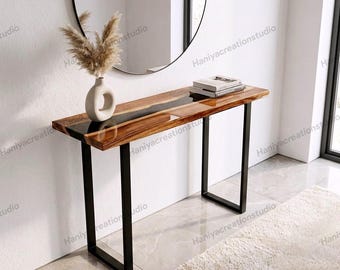 Natural Wood and Resin Narrow Console Table – Live Edge Entryway Hallway Sofa Table