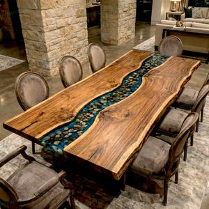 Natural Live Edge Wood & Blue Resin River Stone Luxury Custom Made Dining Table