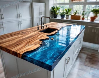 Minimalist Blue Epoxy Resin Kitchen Island Counter: Custom Handmade Design