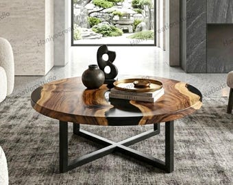 Luxus Live Edge Walnuss Couchtisch mit schwarzem Harz, kundenspezifischer runder Epoxy Cocktailtisch
