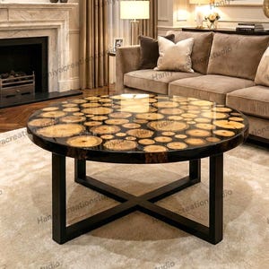 Mesa de centro redonda con rodajas de madera natural y resina epoxi negra / Mesa de comedor moderna a medida