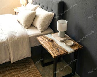 Mesita de noche de lujo de madera y metal blanco / Mesita de noche personalizada hecha a mano