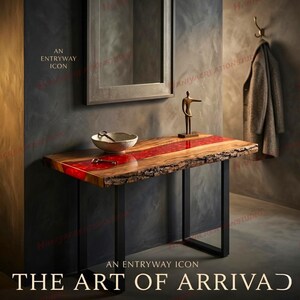 May include: A rectangular console table featuring a natural wood slab with a live edge and a central red resin inlay. The table is supported by black metal legs and holds a white bowl with keys, alongside a small abstract metal figurine.