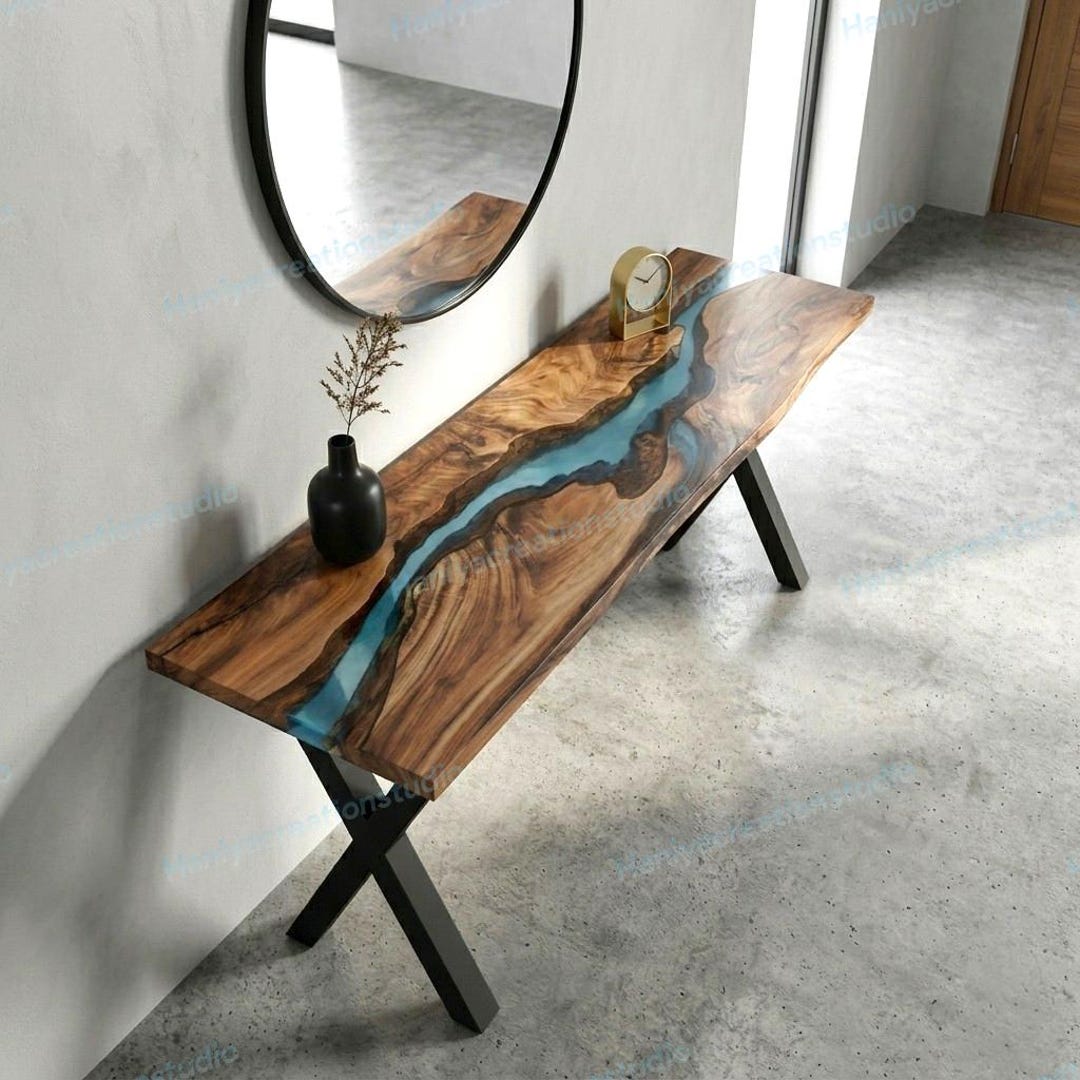Epoxy River Console Table, Wooden Live Edge Sofa Table, Modern ...
