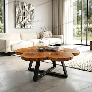 Table basse en bois brut, table basse rivière en résine faite main
