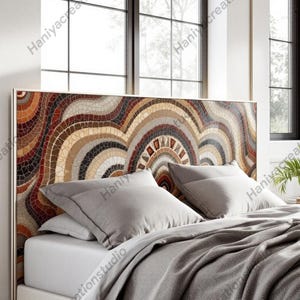 Majestic Wood & Epoxy King Size Headboard with Multicolor Marble Stone Accents, Epoxy-Enhanced Wood King Headboard with Colorful Stones.