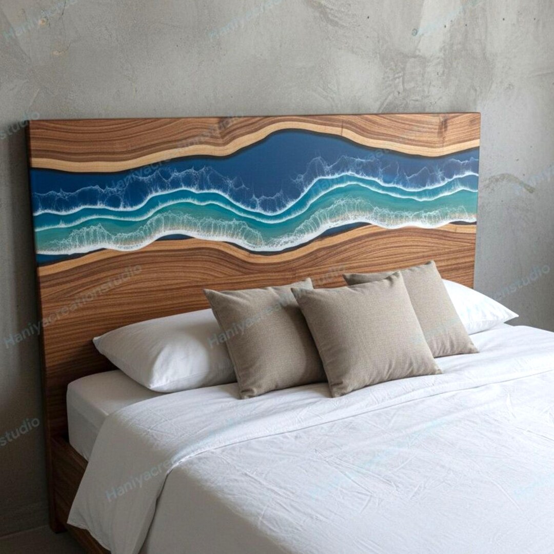 Blue Ocean Wave Epoxy Resin & Wood Bed Headboard – Handcrafted Luxury ...