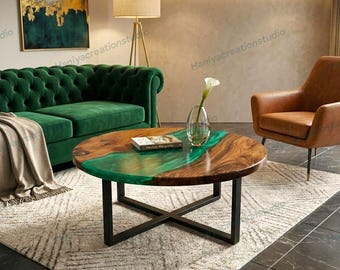 Mesa de centro redonda hecha a mano con resina epoxi verde metalizada, muebles de madera natural River Furniture.
