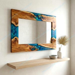Espejo rectangular artesanal de resina epoxi azul metalizada y madera: un detalle de pared personalizado para la entrada.