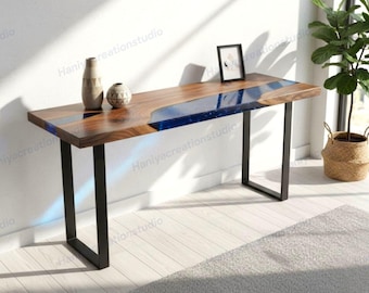 Luxury Blue Epoxy Resin & Natural Wood Console Table – Narrow Entryway and Hallway Furniture