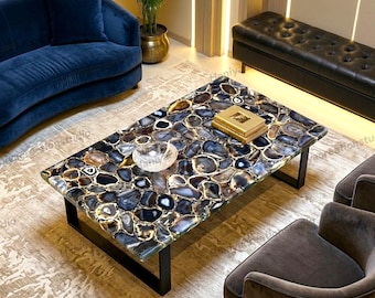 Mesa de centro de ágata negra personalizada, pieza central de lujo para sala de estar, tablero de piedra hecho a mano.