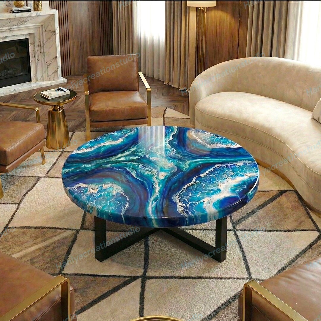 Ocean Epoxy Coffee Table, Round Resin Art, Blue Wave Coastal Dining ...