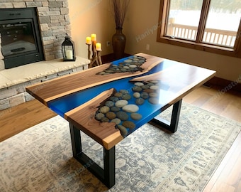 Luxury River Epoxy Resin Dining Table with Natural Stones, Custom made wooden Resin Furniture