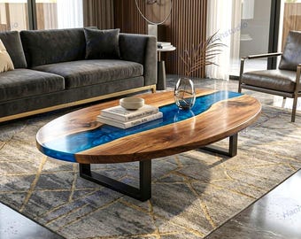 Mesa de centro ovalada de resina epoxi, madera con borde natural, centro de mesa Blue River, muebles de lujo hechos a mano.