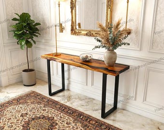 ブラックエポキシ樹脂ライブエッジコンソールテーブル｜手作りの狭い玄関とソファ後ろのテーブル