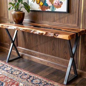 Mesa consola de madera epoxi hecha a mano con borde natural: decoración rústica y estrecha para el pasillo.