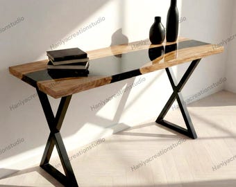 Handmade Black Epoxy Resin & Natural Wood Console Table | Gold Accent Slim Hallway Table