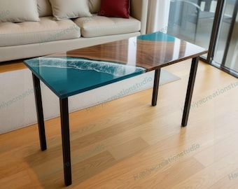 Consola artesanal de resina epoxi azul turquesa océano: muebles personalizados detrás del sofá
