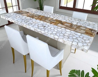 Mesa de comedor de ágata blanca y madera petrificada: encimera de cocina de lujo