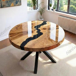 Mesa de comedor de resina epoxi negra hecha a mano: muebles modernos de madera redonda