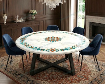 Custom White Marble Dining Table, Semi Precious Stone Inlay Round Table, Handmade Luxury Pietra Dura Marble Furniture