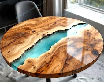 Handcrafted Teal Blue Epoxy Resin Round Coffee Table – Artistic Wood & Resin Design