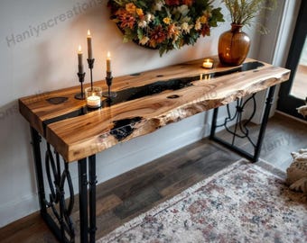 Handmade Live Edge Epoxy Console Table: Rustic Slim Entryway Decor
