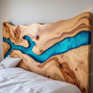 King Size Blue Resin & Wood Bed Headboard, Modern Luxury Bedroom Décor, King Size Blue Epoxy Bed Headboard, Handmade Artistic Bedroom Accent