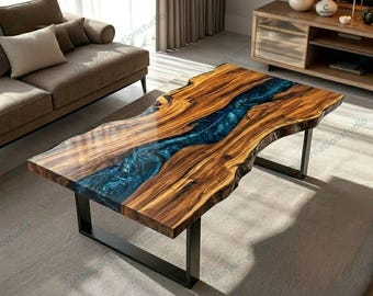 Live Edge Holz Epoxy River Couchtisch, blauer Harz Mitteltisch, handgefertigte moderne Möbel