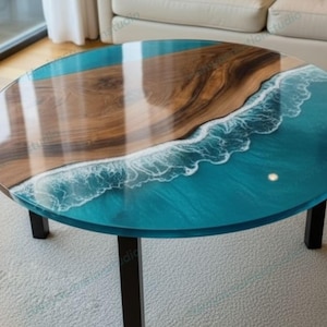 Handcrafted Teal Blue Epoxy Resin & Natural Wood Round Coffee Table – Beach Style Elegance