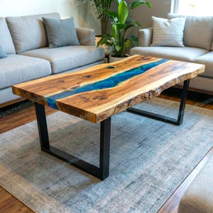 Blue Epoxy Resin & Natural Wood Coffee Table, Custom Made River Center Table, Handmade Dining Table