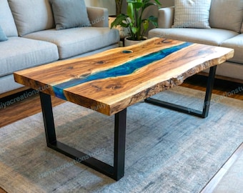 Blue Epoxy Resin & Natural Wood Coffee Table, Custom Made River Center Table, Handmade Dining Table