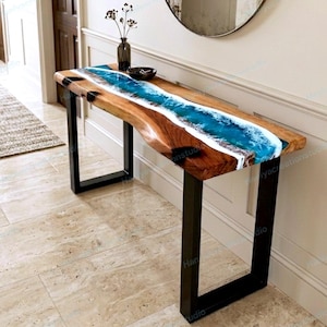 Live Edge Ocean Wave Console Table, Handmade Epoxy Resin Hallway Table, Slim Entryway Furniture