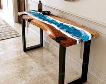 Live Edge Ocean Wave Narrow Console Table, Handmade Epoxy Resin Hallway Table, Slim Entryway Table, Behind Sofa Table, Coastal Furniture