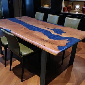 Solid Wood Blue Metallic Epoxy Resin Table, Handmade Modern Dining Table, Custom River Style Coffee or Conference Table, Luxury Furniture
