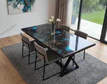 Handmade Labradorite Agate Dining Table, Multicolor Gemstone Luxury Furniture