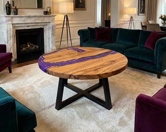 Purple Metallic Epoxy & Natural Wood Round Coffee Table | Custom Made Resin Table