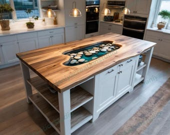 Handmade Epoxy Resin Ocean Flow Kitchen Island Top: Natural Wood Countertop with RiverStones