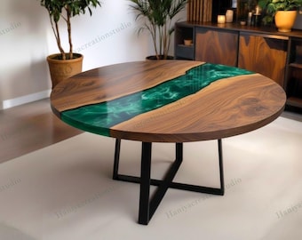 Mesa de río de resina metálica verde hecha a mano: detalle de madera natural