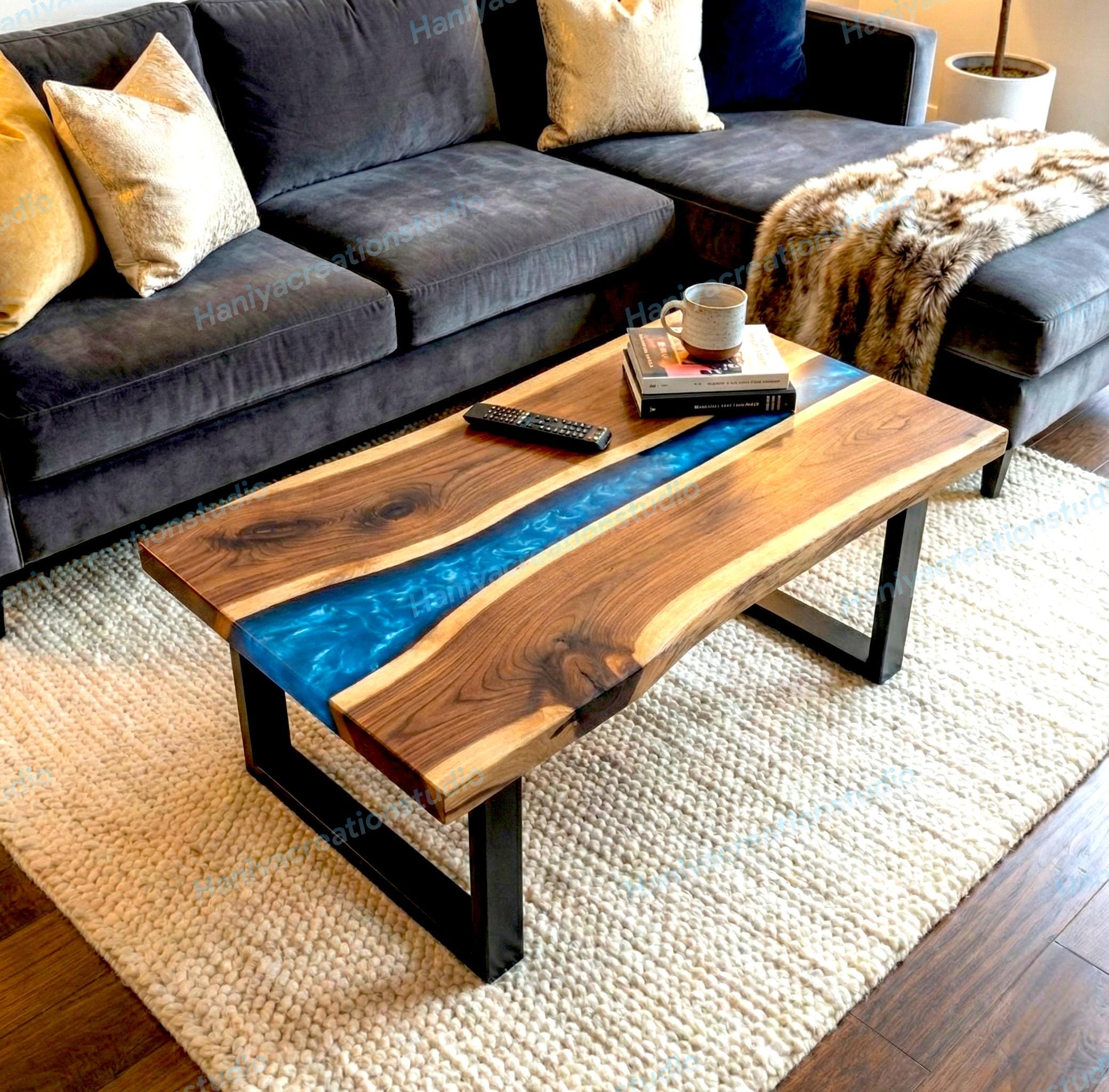 Live Edge wood and Blue Metallic Resin Coffee Table | Handmade