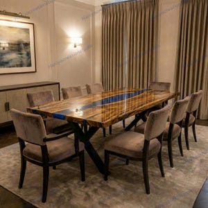 Luxe blauwe rechthoekige eettafel van hars en hout - eigentijds eetkameraccent