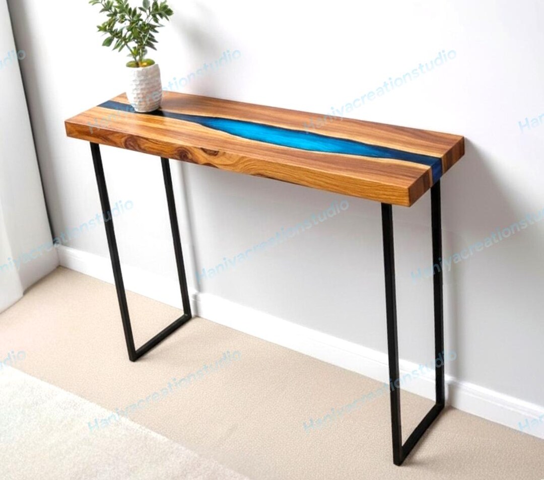 Custom Made Metallic Blue Epoxy Wood Console Table | Narrow Sofa Back ...