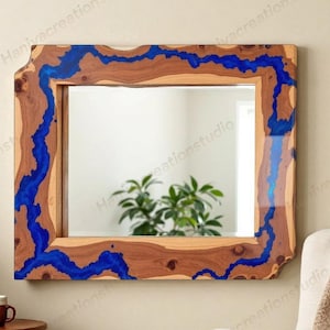 Rectangular Blue Epoxy Resin & Wood Wall Mirror - Handmade Modern Accent