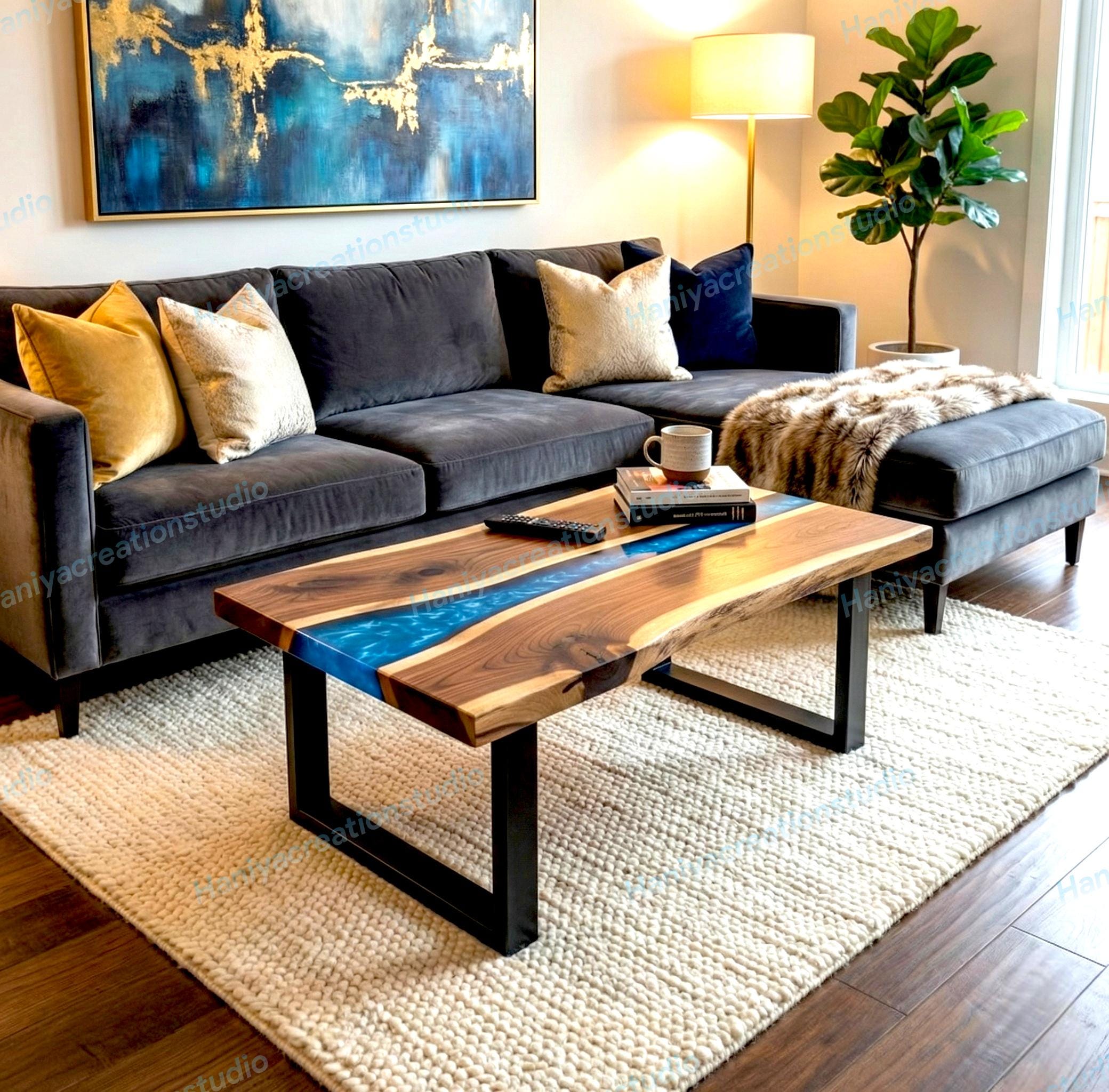 Live Edge wood and Blue Metallic Resin Coffee Table | Handmade